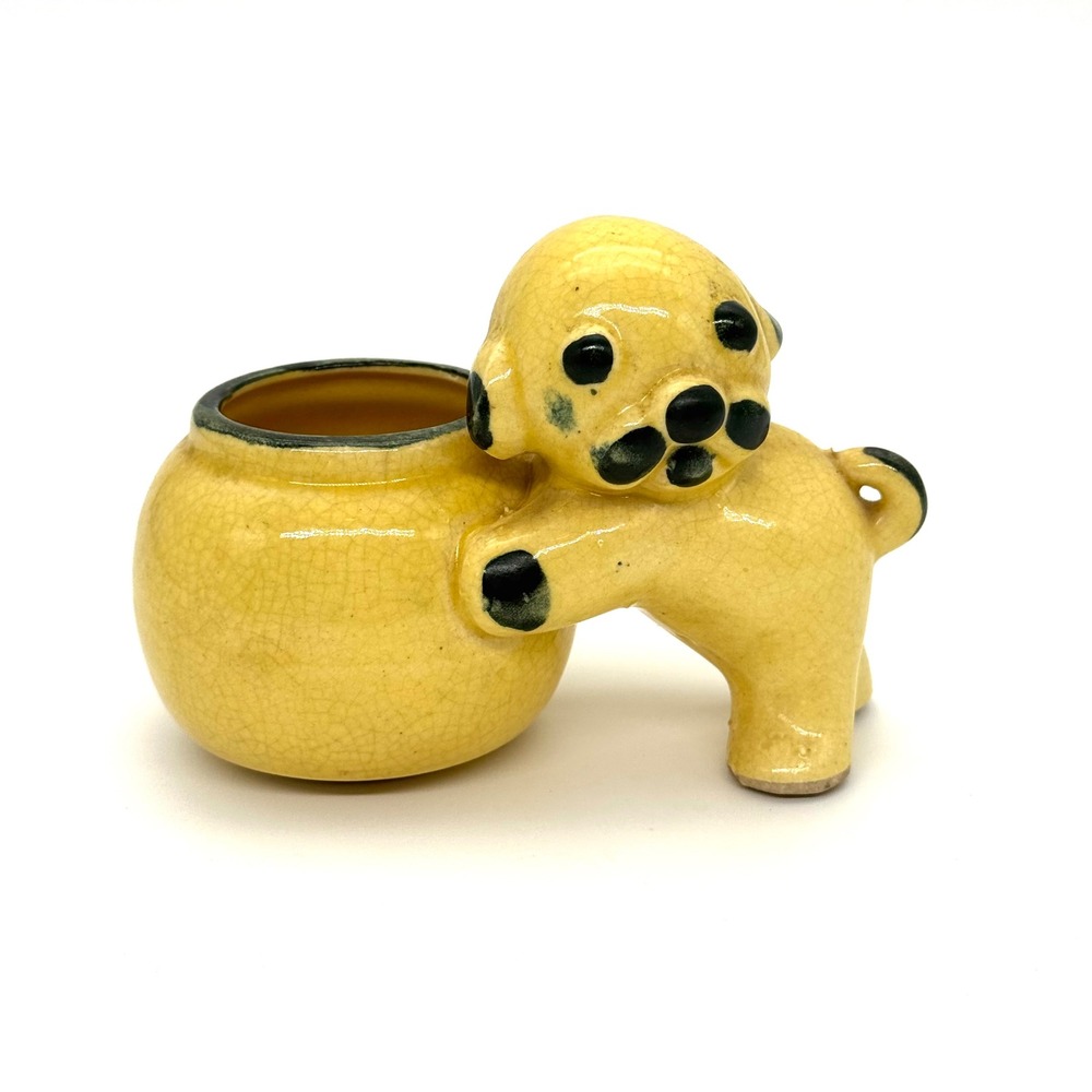 Vintage Ceramic Puppy Dog Planter Pot Yellow Crackle Glaze Made in Japan
